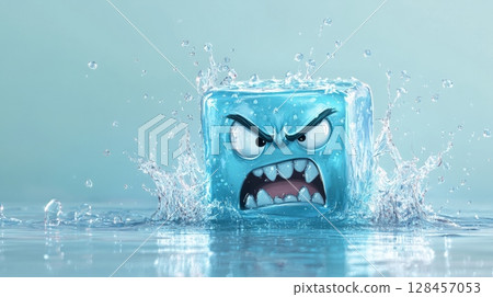 Angry ice cube splashing in water with aggressive expression 128457053