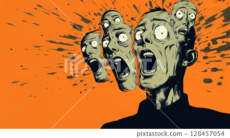 Man screaming with multiple heads emerging, expressing mental breakdown 128457054