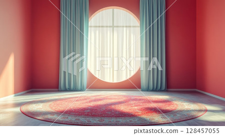 Empty room with round window and red circular carpet 128457055