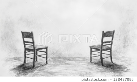 Two empty chairs facing each other in a charcoal drawing 128457093