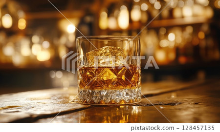 Crystal glass of whiskey with ice resting on bar counter in warmly lit pub 128457135