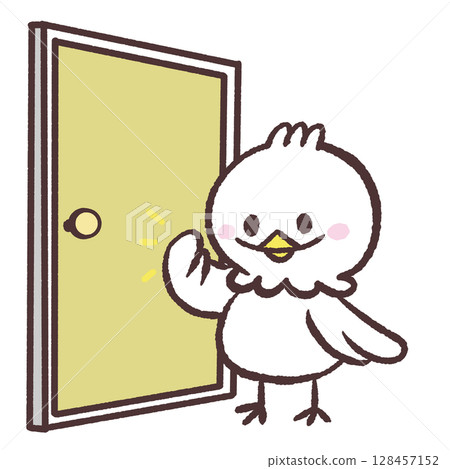 Illustration of a white bird knocking on a door 128457152