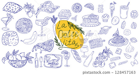 Set of hand drawn summer food icons. Mediterranean la dolce vita. Sketchy whimsical style 128457163