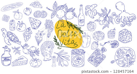 Set of hand drawn summer food icons. Mediterranean la dolce vita. Sketchy whimsical style 128457164