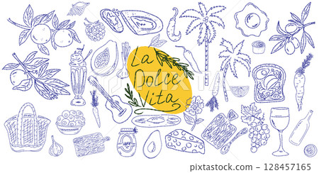 Set of hand drawn summer food icons. Mediterranean la dolce vita. Sketchy whimsical style 128457165