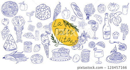 Set of hand drawn summer food icons. Mediterranean la dolce vita. Sketchy whimsical style 128457166