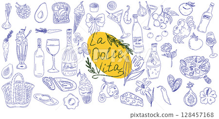 Set of hand drawn summer food icons. Mediterranean la dolce vita. Sketchy whimsical style 128457168