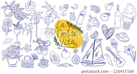 Set of hand drawn summer food icons. Mediterranean la dolce vita. Sketchy whimsical style Set of hand drawn summer food icons. Mediterranean la dolce vita. Sketchy whimsical style 128457169