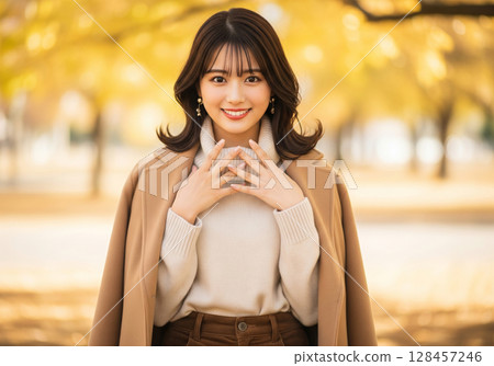 Autumn outfit! A smiling woman in a camel coat and turtleneck 128457246