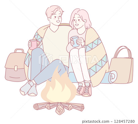 A Cozy Couple Sitting by the Campfire Relishing a Warm and Intimate Moment Together 128457280