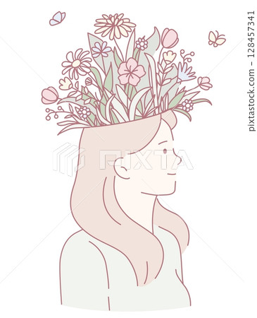 Floral Bliss A Woman Adorned with Vibrant Flowers in Her Hair, Showcasing Natures Beauty Floral Bliss A Woman Adorned with Vibrant Flowers in Her Hair, Showcasing Natures Beauty 128457341