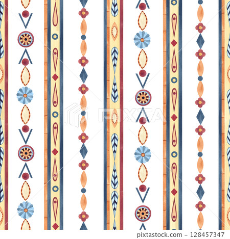 Ethnic seamless pattern, ancient symbols African culture, geometric figures, abstract flowers. Watercolor clip art isolated from background. Ornate for textile, souvenir products, stationery, fabric 128457347