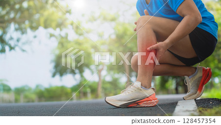 Runner Suffering from Shin Splints Outdoor Exercise 128457354
