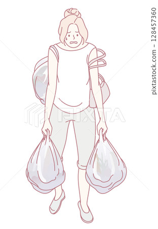A Woman Struggling While Engaged in the Challenging and Everyday Task of Carrying Trash Bags A Woman Struggling While Engaged in the Challenging and Everyday Task of Carrying Trash Bags 128457360