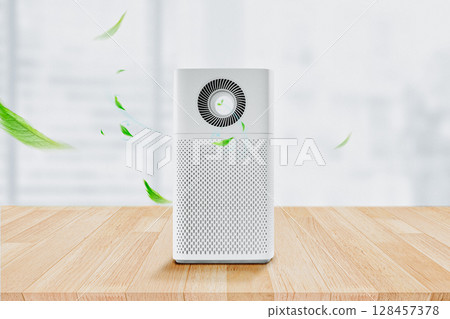 Smart Air Purifier in Bright Living Room 128457378