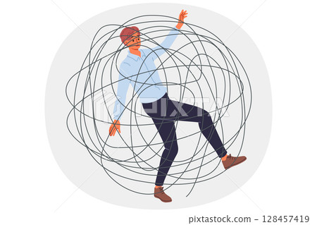 Business man is trapped in problems and troubles and risks going bankrupt and losing job Business man is trapped in problems and troubles and risks going bankrupt and losing job 128457419