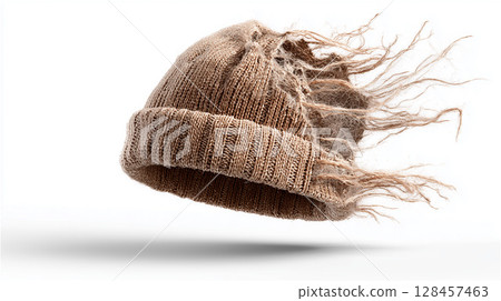 A beige knit cap with a torn, fuzzy top is floating in the air 128457463