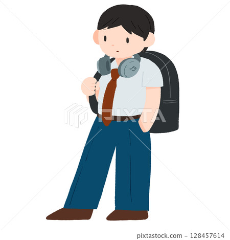 Hand-drawn color illustration of a male high school student standing with headphones around his neck Hand-drawn color illustration of a male high school student standing with headphones around his neck 128457614