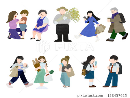 Set of hand-drawn color deformed illustrations of people of various ages Set of hand-drawn color deformed illustrations of people of various ages 128457615