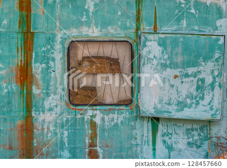 Rusty window filled with dead insects against weathered metal wall 128457660