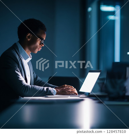 A man immersed in digital work in a quiet office 128457810