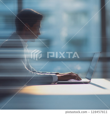 The light of a computer and a person working emerges from the darkness 128457811