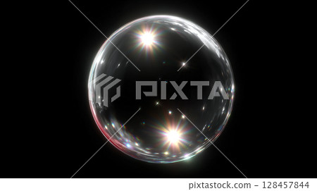 Soap bubbles with beautiful light reflections floating on a black background 128457844