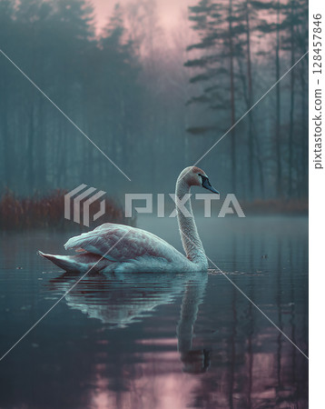 平靜湖面上的天鵝被淡淡的燈光包圍 128457846