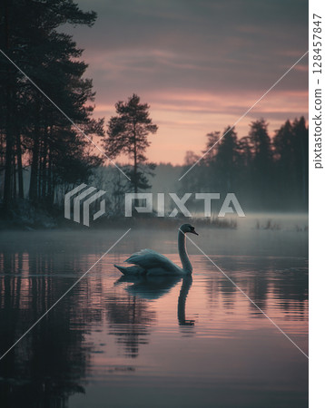 天鵝優雅地滑過夢幻般的晨霧 128457847