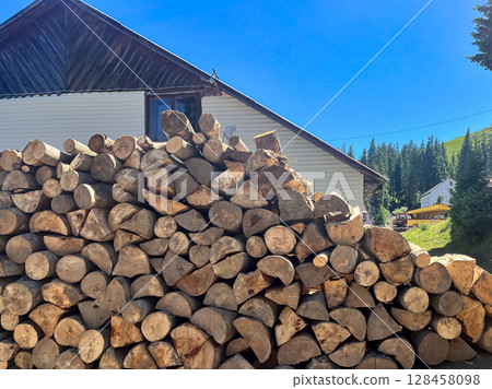 Stacked firewood in rustic setting, blue sky background. 128458098