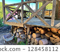 Rustic wooden cabin porch with stacked firewood in a serene landscape. 128458112
