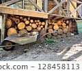 Stacked firewood and wheelbarrow outside a rustic wooden structure. 128458113