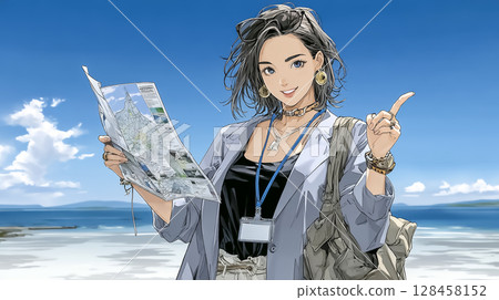 Illustration material of a woman guiding at a resort 128458152