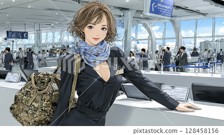 機場引導遊客的女士插畫素材 128458156