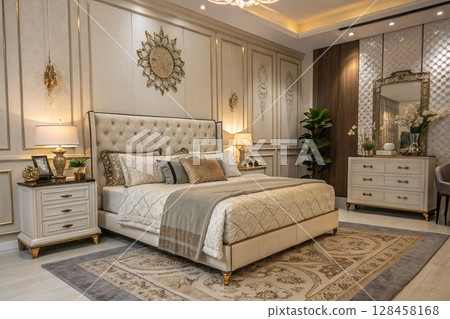 Luxurious bedroom interior with tufted bed and gold accents. 128458168