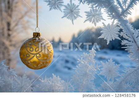 Golden Christmas ornament hanging on frosty branch. 128458176