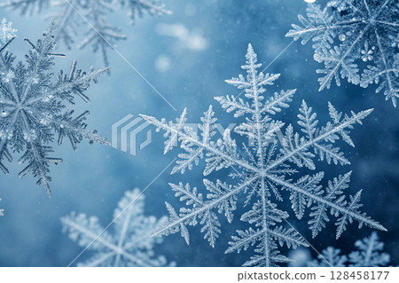 Detailed snowflakes on blue background. 128458177
