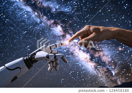 Human and robotic hand touching under starry sky. 128458180