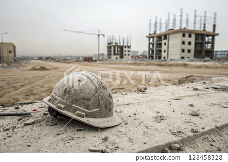 Construction site with hard hat and crane in early development phase. 128458328