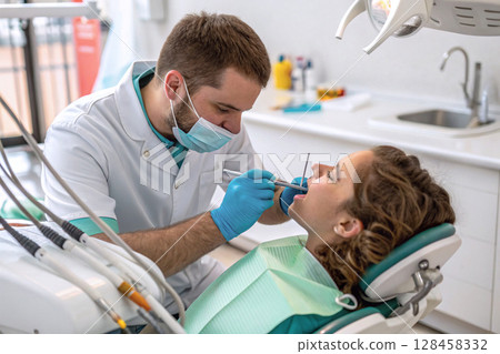 Dental check-up at modern clinic with patient and dentist. 128458332