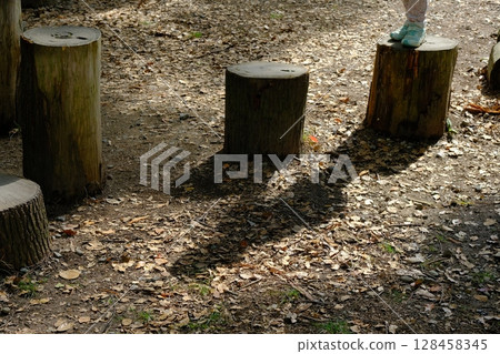 Shadow of a child playing with a stump in the park Shadow of a child playing with a stump in the park 128458345