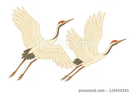 Cranes flying gracefully, symbolizing mid autumn festival, isolated on transparent 128458385