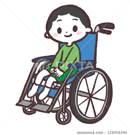 Illustration of a boy sitting in a wheelchair 128458394