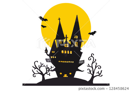 Halloween castle silhouette with moon and bats Halloween castle silhouette with moon and bats 128458624