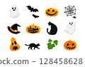 Cute hand-drawn Halloween material set (pumpkin, ghost, spider web, black cat) 128458628