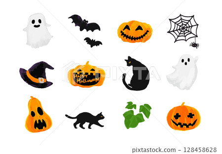 Cute hand-drawn Halloween material set (pumpkin, ghost, spider web, black cat) 128458628
