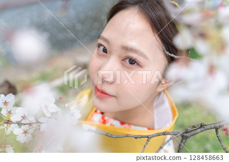 Cherry blossom portrait of a young woman wearing a furisode 128458663