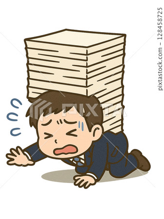 A male businessman who is buried under a pile of documents and is about to be crushed, asking for help 128458725