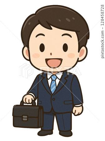 A male businessman smiling and greeting with a bag in hand 128458728