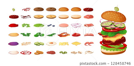 Burger kit. Fast food ingredients constructor, preparations, sliced vegetables, patty, cheese, bacon, sauce between buns, restaurant menu elements cartoon flat isolated tidy vector set 128458746